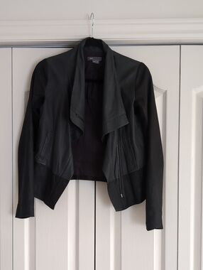 Vince Draped Leather Jacket In Black And Deep Navy